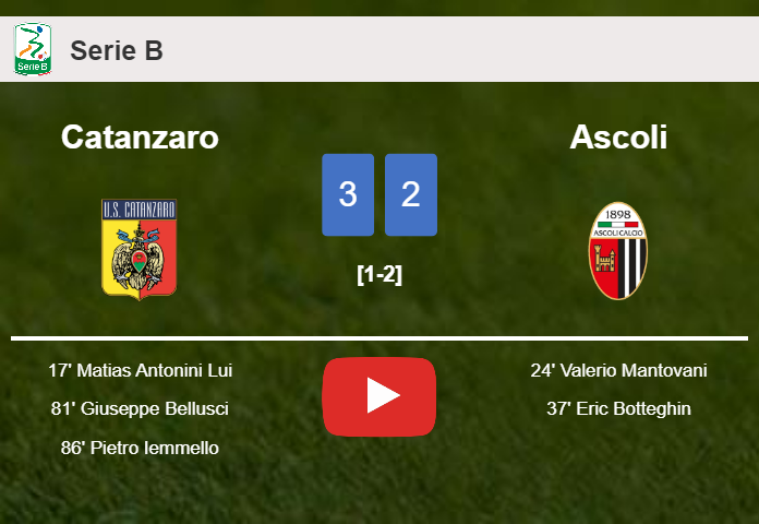 Catanzaro beats Ascoli after recovering from a 1-2 deficit. HIGHLIGHTS