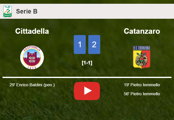 Catanzaro defeats Cittadella 2-1 with P. Iemmello scoring a double. HIGHLIGHTS