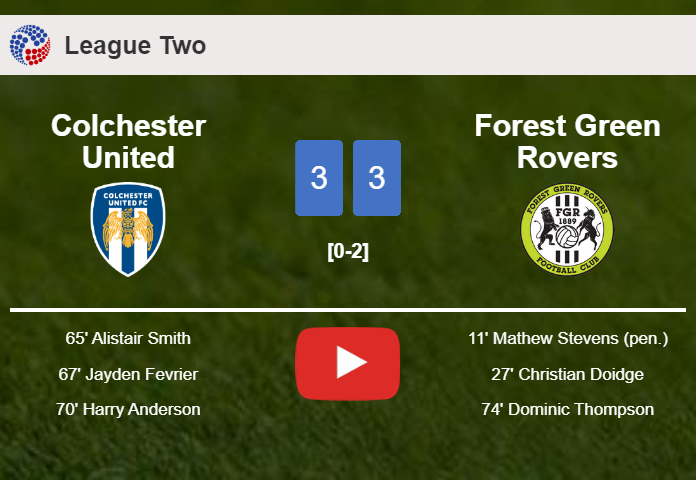 Colchester United and Forest Green Rovers draws a crazy match 3-3 on Saturday. HIGHLIGHTS