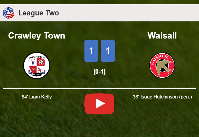 Crawley Town and Walsall draw 1-1 on Tuesday. HIGHLIGHTS