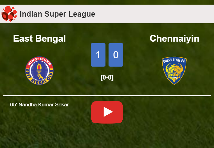 East Bengal conquers Chennaiyin 1-0 with a goal scored by N. Kumar. HIGHLIGHTS