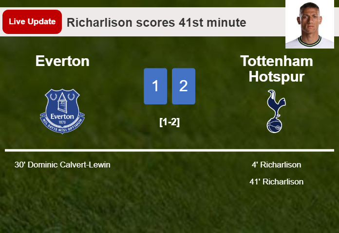 LIVE UPDATES. Tottenham Hotspur takes the lead over Everton with a goal from Richarlison in the 41st minute and the result is 2-1
