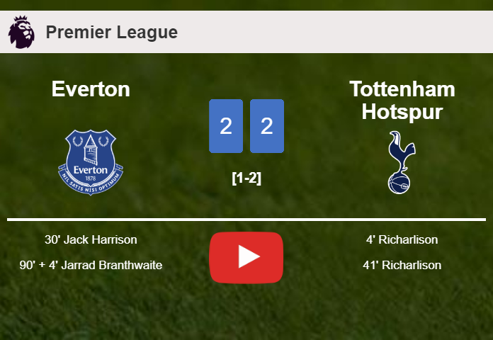 Everton and Tottenham Hotspur draw 2-2 on Saturday. HIGHLIGHTS