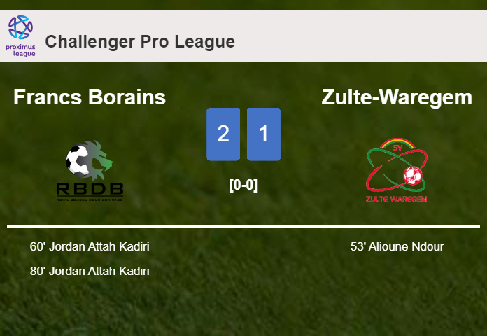 Francs Borains recovers a 0-1 deficit to overcome Zulte-Waregem 2-1 with J. Attah scoring a double