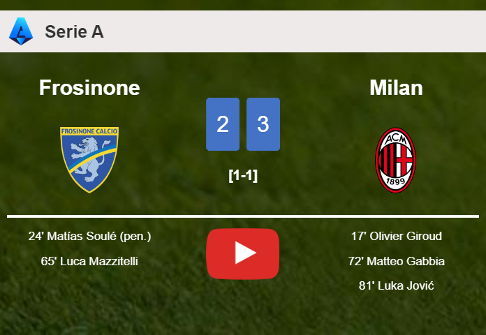 Milan beats Frosinone after recovering from a 2-1 deficit. HIGHLIGHTS