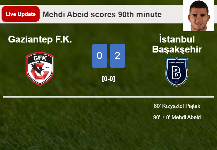 LIVE UPDATES. İstanbul Başakşehir extends the lead over Gaziantep F.K. with a goal from Mehdi Abeid in the 90th minute and the result is 2-0