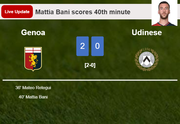LIVE UPDATES. Genoa extends the lead over Udinese with a goal from Mattia Bani in the 40th minute and the result is 2-0