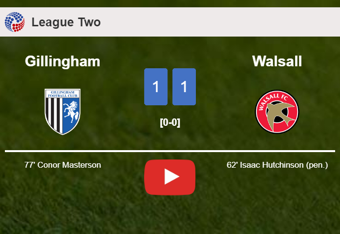 Gillingham and Walsall draw 1-1 on Saturday. HIGHLIGHTS