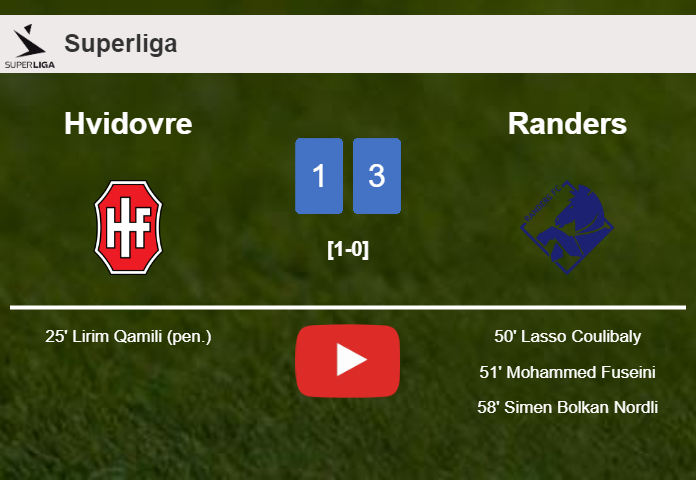 Randers prevails over Hvidovre 3-1 after recovering from a 0-1 deficit. HIGHLIGHTS