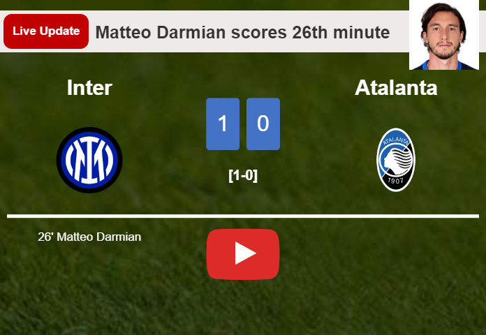 LIVE UPDATES. Inter leads Atalanta 1-0 after Matteo Darmian scored in the 26th minute