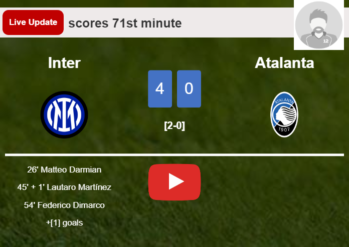 LIVE UPDATES. Inter scores again over Atalanta with a goal from Davide Frattesi in the 72nd minute and the result is 4-0
