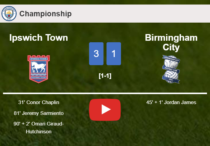 Ipswich Town prevails over Birmingham City 3-1. HIGHLIGHTS