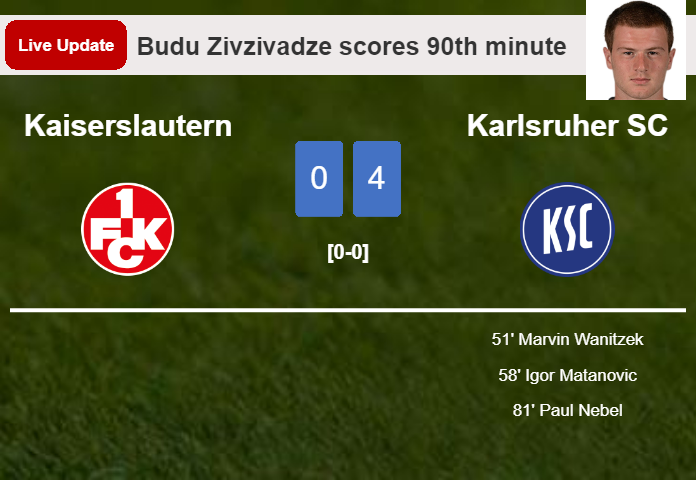 LIVE UPDATES. Karlsruher SC extends the lead over Kaiserslautern with a goal from Budu Zivzivadze in the 90th minute and the result is 4-0