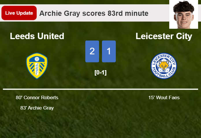 LIVE UPDATES. Leeds United takes the lead over Leicester City with a goal from Archie Gray in the 83rd minute and the result is 2-1