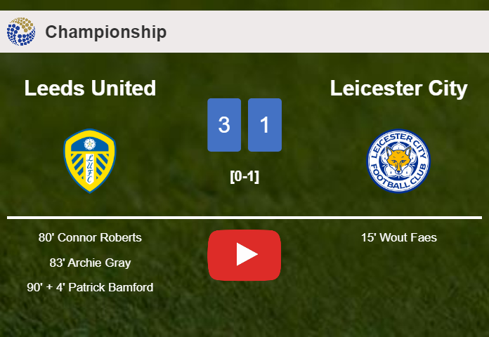 Leeds United defeats Leicester City 3-1 after recovering from a 0-1 deficit. HIGHLIGHTS