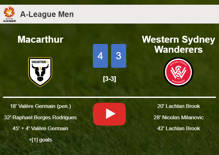 Macarthur conquers Western Sydney Wanderers 4-3 with 3 goals from V. Germain. HIGHLIGHTS