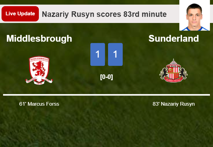 LIVE UPDATES. Sunderland draws Middlesbrough with a goal from Nazariy Rusyn in the 83rd minute and the result is 1-1