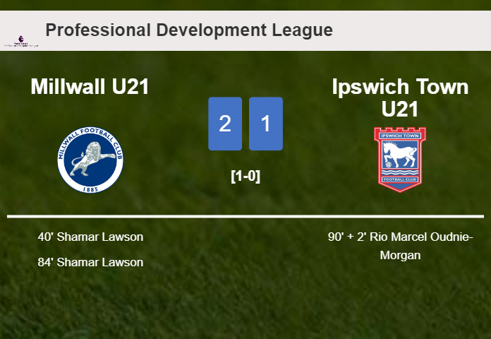 Millwall U21 conquers Ipswich Town U21 2-1 with S. Lawson scoring 2 goals
