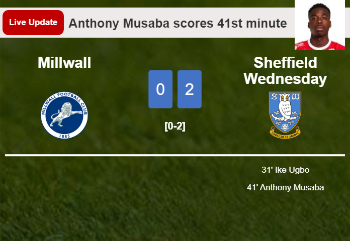 LIVE UPDATES. Sheffield Wednesday extends the lead over Millwall with a goal from Anthony Musaba in the 41st minute and the result is 2-0
