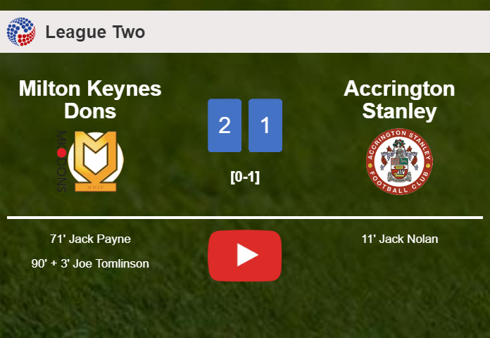 Milton Keynes Dons recovers a 0-1 deficit to defeat Accrington Stanley 2-1. HIGHLIGHTS