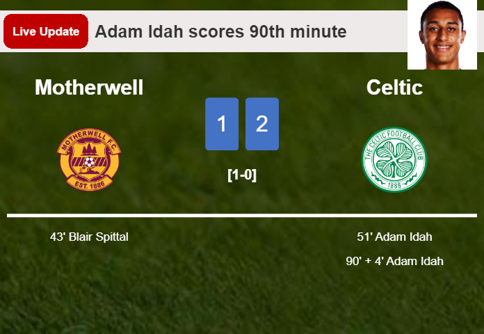 LIVE UPDATES. Celtic scores again over Motherwell with a goal from  in the 90th minute and the result is 3-1