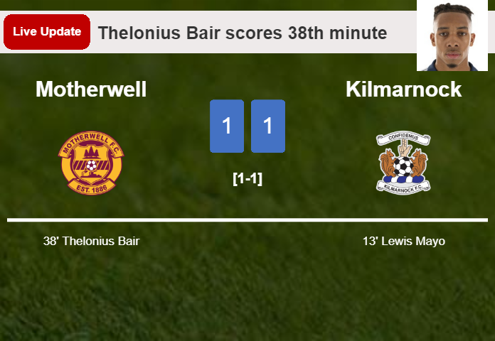 LIVE UPDATES. Motherwell draws Kilmarnock with a goal from Thelonius Bair in the 38th minute and the result is 1-1