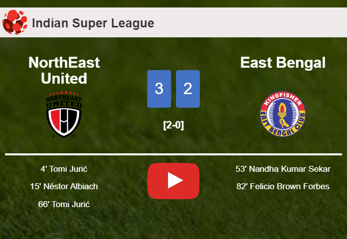 NorthEast United beats East Bengal 3-2 with 2 goals from T. Jurić. HIGHLIGHTS