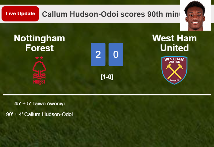 LIVE UPDATES. Nottingham Forest scores again over West Ham United with a goal from Callum Hudson-Odoi in the 90th minute and the result is 2-0