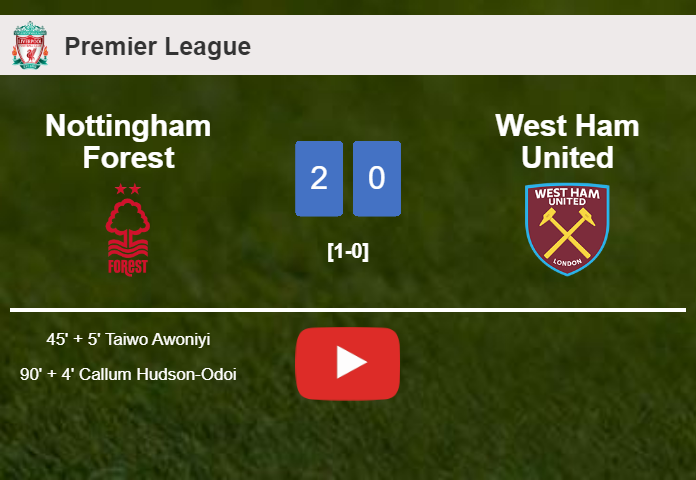 Nottingham Forest tops West Ham United 2-0 on Saturday. HIGHLIGHTS