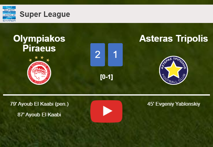 Olympiakos Piraeus recovers a 0-1 deficit to best Asteras Tripolis 2-1 with A. El scoring a double. HIGHLIGHTS