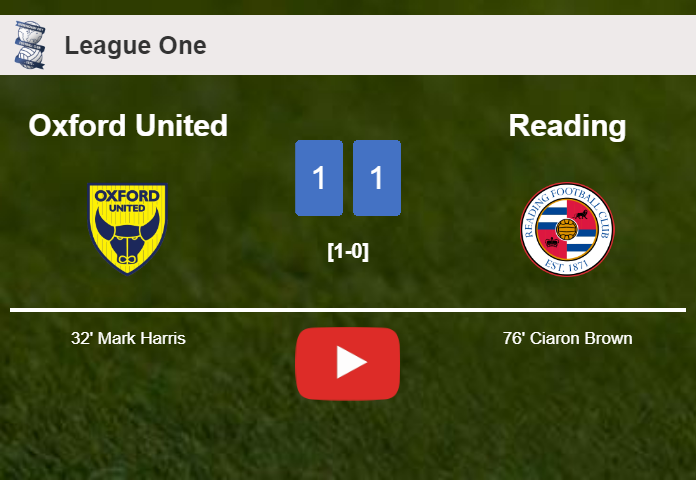 Oxford United and Reading draw 1-1 on Saturday. HIGHLIGHTS