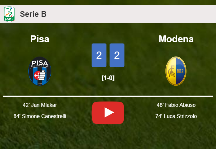 Pisa and Modena draw 2-2 on Wednesday. HIGHLIGHTS