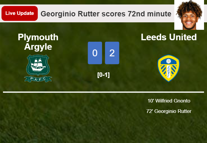 LIVE UPDATES. Leeds United scores again over Plymouth Argyle with a goal from Georginio Rutter in the 72nd minute and the result is 2-0