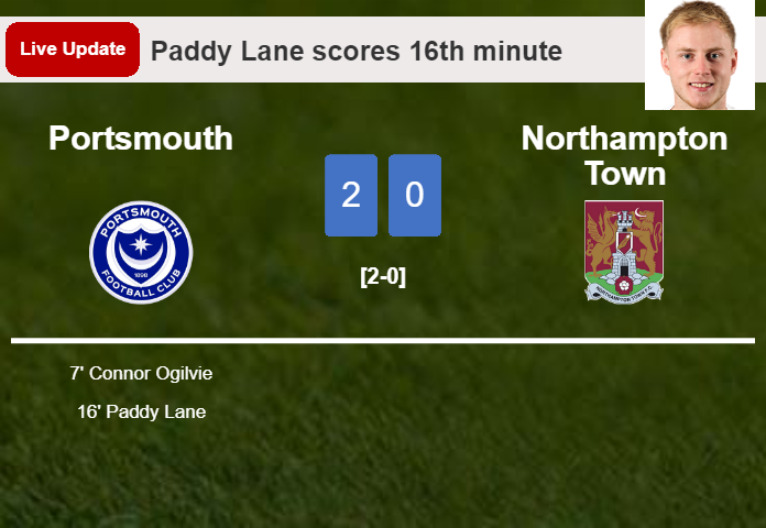 LIVE UPDATES. Portsmouth scores again over Northampton Town with a goal from Paddy Lane in the 16th minute and the result is 2-0