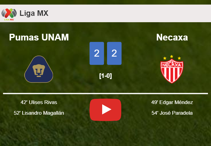 Pumas UNAM and Necaxa draw 2-2 on Wednesday. HIGHLIGHTS
