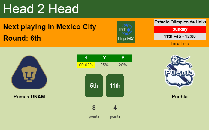 H2H, prediction of Pumas UNAM vs Puebla with odds, preview, pick, kick-off time 11-02-2024 - Liga MX