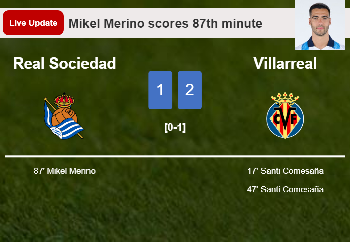 LIVE UPDATES. Real Sociedad getting closer to Villarreal with a goal from Mikel Merino in the 87th minute and the result is 1-2