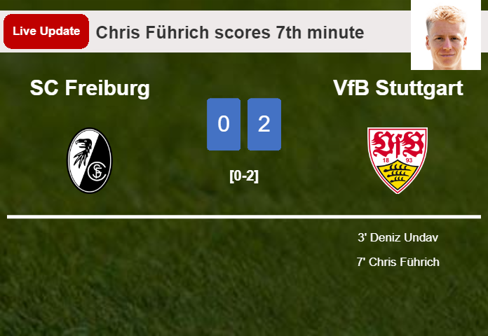 LIVE UPDATES. VfB Stuttgart scores again over SC Freiburg with a goal from Chris Führich in the 7th minute and the result is 2-0