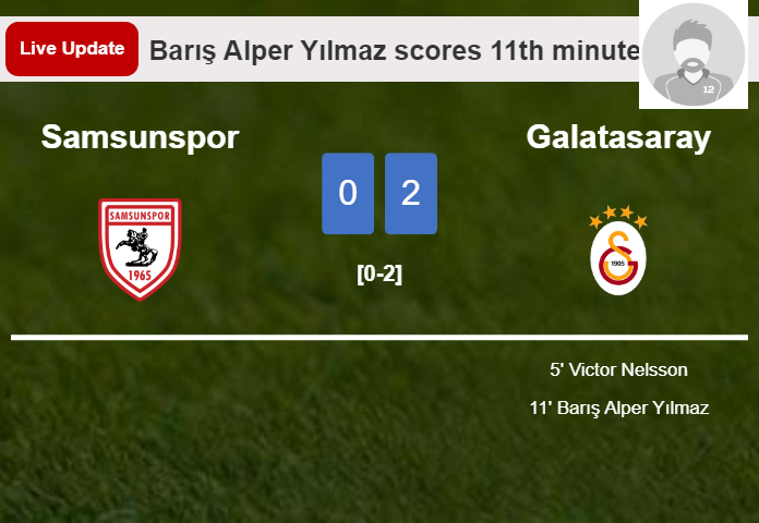 LIVE UPDATES. Galatasaray extends the lead over Samsunspor with a goal from Barış Alper Yılmaz in the 11th minute and the result is 2-0