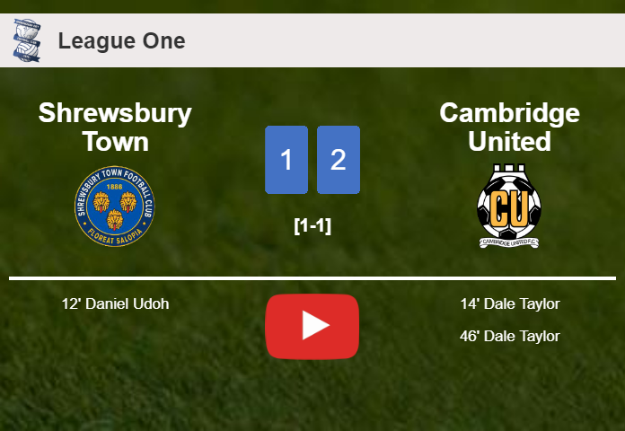 Cambridge United recovers a 0-1 deficit to best Shrewsbury Town 2-1 with D. Taylor scoring a double. HIGHLIGHTS