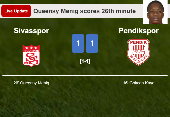 LIVE UPDATES. Sivasspor draws Pendikspor with a goal from Queensy Menig in the 26th minute and the result is 1-1