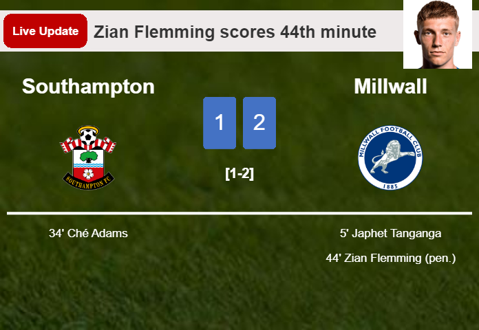 LIVE UPDATES. Millwall takes the lead over Southampton with a penalty from Zian Flemming in the 44th minute and the result is 2-1