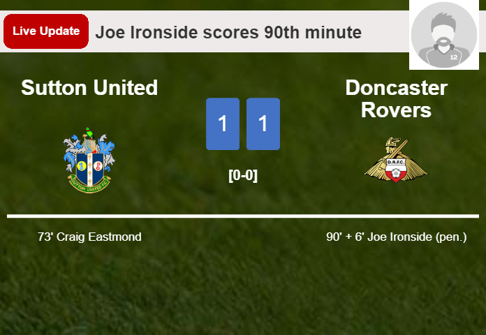LIVE UPDATES. Doncaster Rovers draws Sutton United with a penalty from Joe Ironside in the 90th minute and the result is 1-1