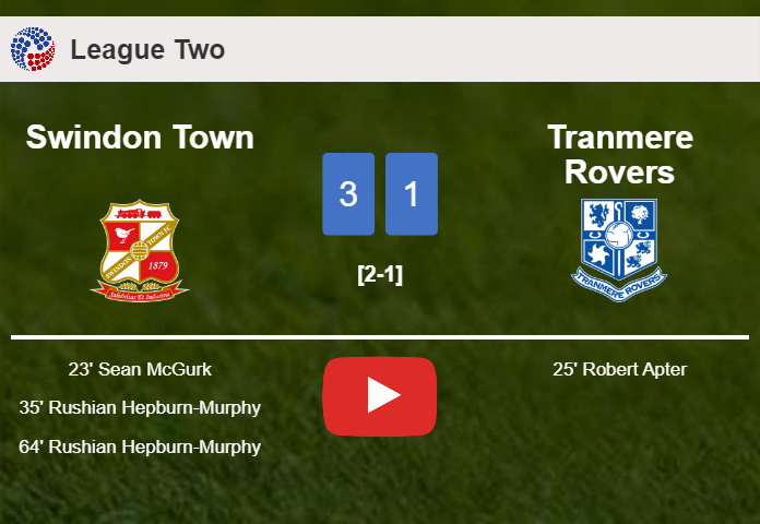 Swindon Town conquers Tranmere Rovers 3-1. HIGHLIGHTS
