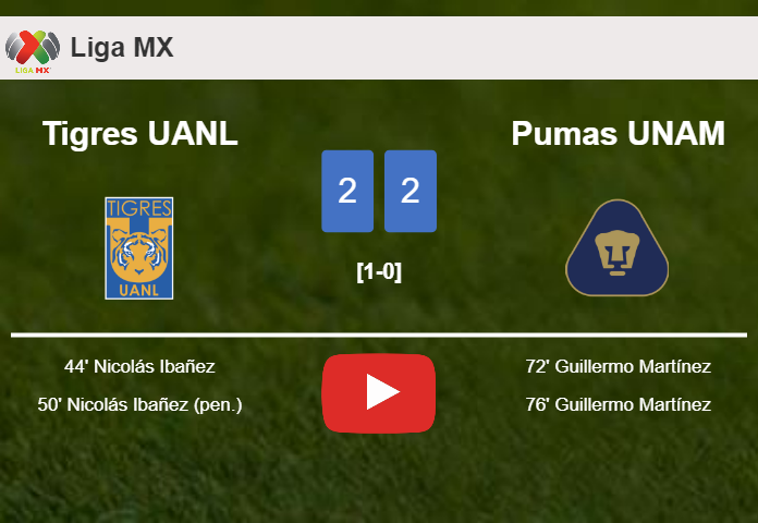 Pumas UNAM manages to draw 2-2 with Tigres UANL after recovering a 0-2 deficit. HIGHLIGHTS