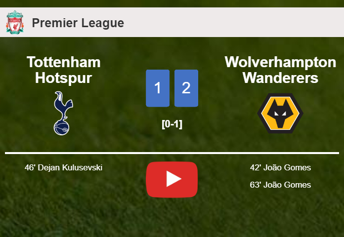 Wolverhampton Wanderers overcomes Tottenham Hotspur 2-1 with J. Gomes scoring 2 goals. HIGHLIGHTS