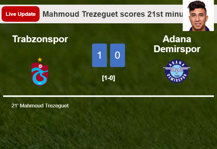 LIVE UPDATES. Trabzonspor leads Adana Demirspor 1-0 after Mahmoud Trezeguet scored in the 21st minute