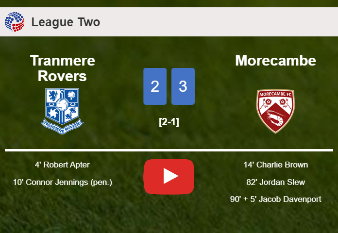 Morecambe tops Tranmere Rovers after recovering from a 2-0 deficit. HIGHLIGHTS