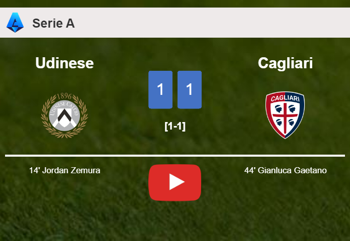 Udinese and Cagliari draw 1-1 on Sunday. HIGHLIGHTS