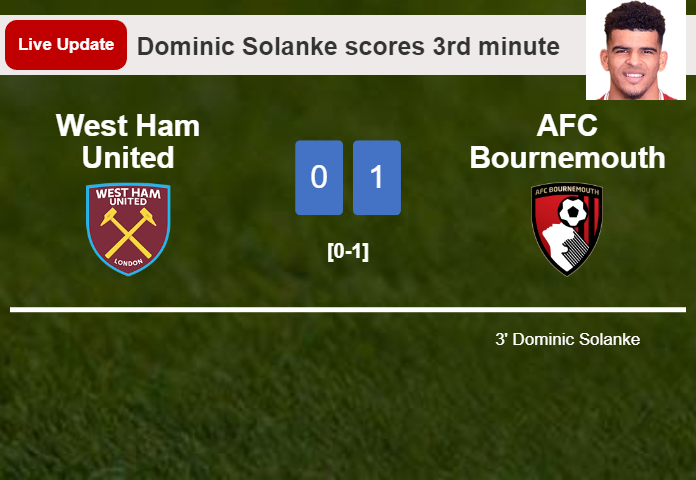 LIVE UPDATES. AFC Bournemouth leads West Ham United 1-0 after Dominic Solanke scored in the 3rd minute